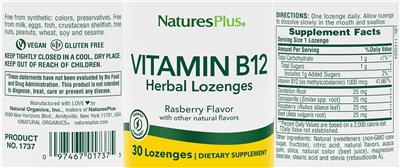 Vitamin B12 Herbal Lozenges Raspberry Flavor label