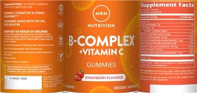B-Complex + Vitamin C Gummies Strawberry Flavored label