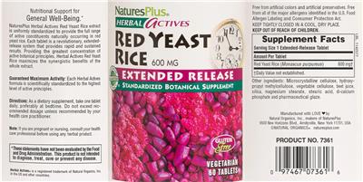 Red Yeast Rice 600 mg Extended Release label