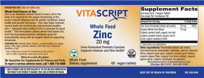 Whole Food Zinc 20 mg label