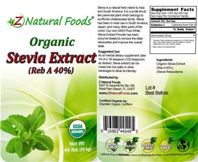 Organic Stevia Extract (Reb A 40%) label