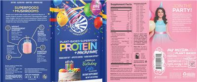 Protein + Mushrooms Vanilla Birthday Cake Flavor label