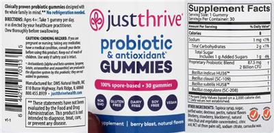 Probiotic & Antioxidant Gummies Berry Blast label