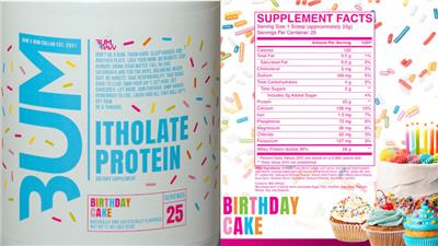 BUM Itholate Protein Birthday Cake label