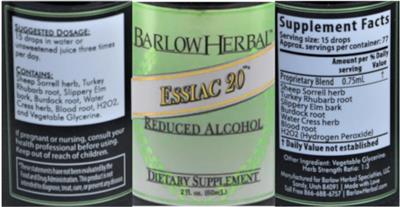 Essiac 20 Reduced Alcohol label