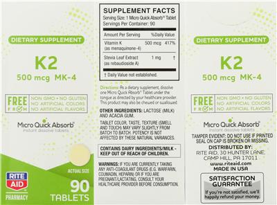 K2 MK-4 500 mcg label