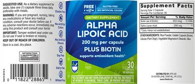 Alpha Lipoic Acid Plus Biotin 200 mg label