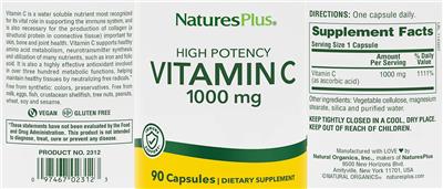High Potency Vitamin C 1000 mg label