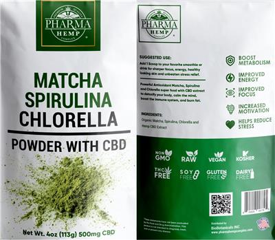 Matcha Spirulina Chlorella Powder with CBD label