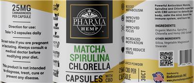Matcha Spirulina Chlorella Capsules with CBD label