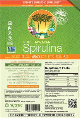 Pure Hawaiian Spirulina 500 mg label