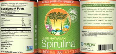 Pure Hawaiian Spirulina 3,000 mg label