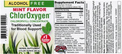 ChlorOxygen Chlorophyll Concentrate Alcohol Free Mint Flavor label