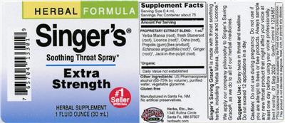 Singer's Soothing Throat Spray Extra Strength label