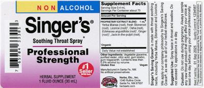 Singer's Soothing Throat Spray Professional Strength label