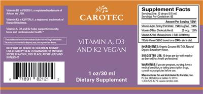 Vitamin A, D3 and K2 Vegan label