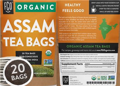 Organic Assam Tea Bags label