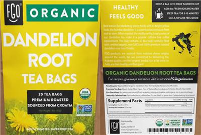 Organic Dandelion Root Tea Bags label