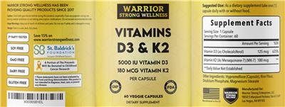 Vitamins D3 5000 IU & K2 180 mcg label