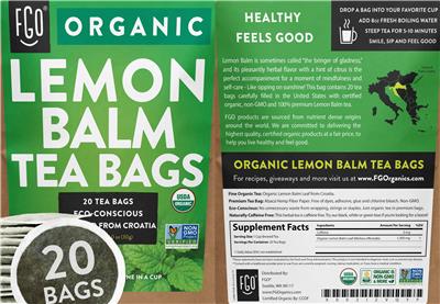 Organic Lemon Balm Tea Bags label