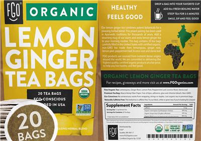 Organic Lemon Ginger Tea Bags label