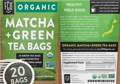 Organic Matcha + Green Tea Bags label