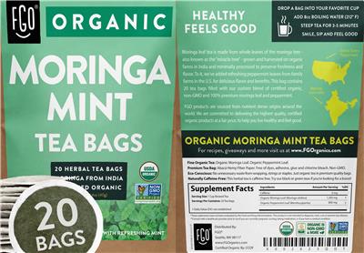 Organic Moringa Mint Tea Bags label