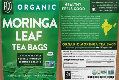 Organic Moringa Leaf Tea Bags label