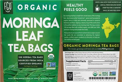 Organic Moringa Leaf Tea Bags label