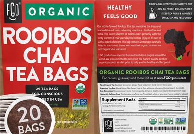 Organic Rooibos Chai Tea Bags label