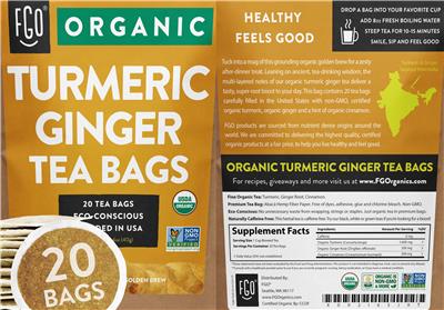 Organic Turmeric Ginger Tea Bags label