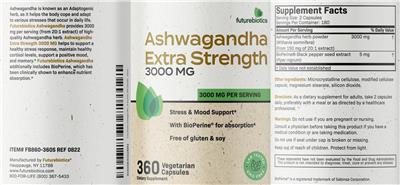 Ashwagandha Extra Strength 3000 mg label