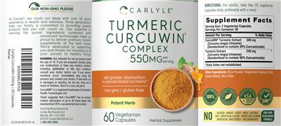 Turmeric Curcuwin Complex 550 mg label