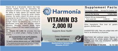 Vitamin D3 2,000 IU label