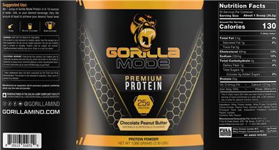 Gorilla Mode Premium Protein Chocolate Peanut Butter label