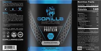 Gorilla Mode Premium Protein Cookies & Cream label