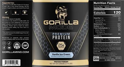 Gorilla Mode Premium Protein Vanilla Ice Cream label