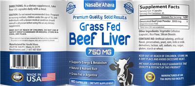 Grass Fed Beef Liver 750 mg label