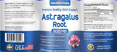 Astragalus Root 500 mg label