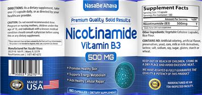 Nicotinamide Vitamin B3 500 mg label