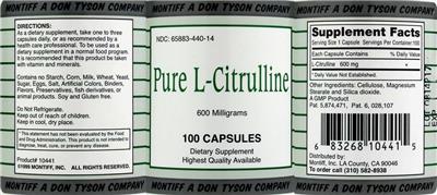 Pure L-Citrulline 600 Milligrams label