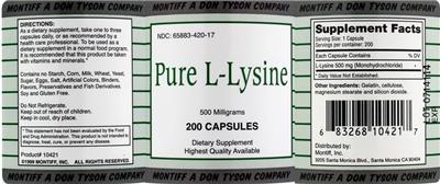 Pure L-Lysine 500 Milligrams label
