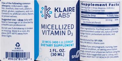 Micellized Vitamin D3 400 IU/Drop label