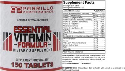 Essential Vitamin Formula label