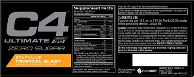 C4 Ultimate On The Go Zero Sugar Sparkling Tropical Blast label