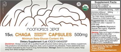 Chaga Mushroom Extract Capsules 500 mg label
