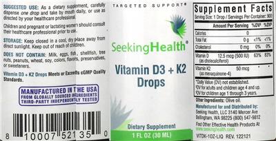 Vitamin D3 + K2 Drops label