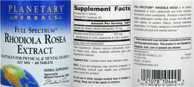 Full Spectrum Rhodiola Rosea Extract 327 mg label