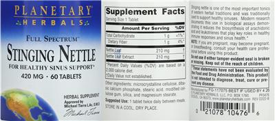 Full Spectrum Stinging Nettle 420 mg label