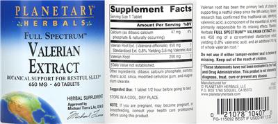 Full Spectrum Valerian Extract 650 mg label